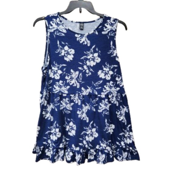 Emery Rose Plus Sleeveless Peplum Blouse Ruffle Trim Blue White Floral Print - Picture 2 of 10